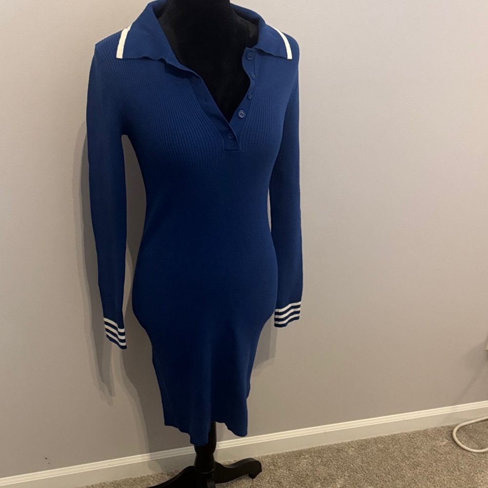 GB Girls Blue Long Sleeve Dress with White Stripes